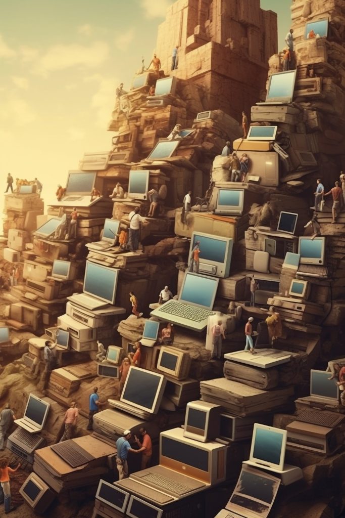 Turm aus Computern mit vielen kleinen Menschen als Sinnbild für Sprachverwirrung durch KI-Texte beim Roman schreiben