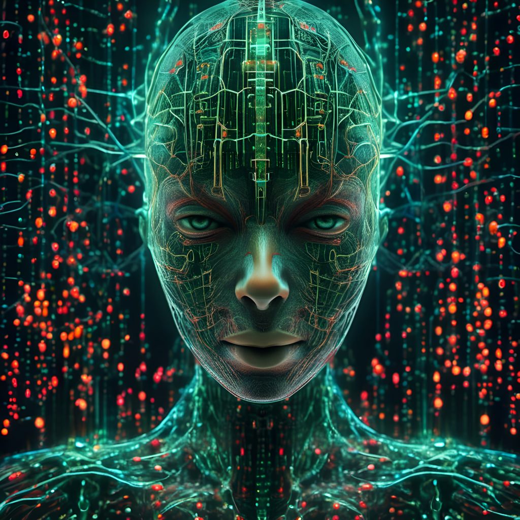 Digitales Gesicht aus Datenlinien als Symbol für Roman schreiben mit KI